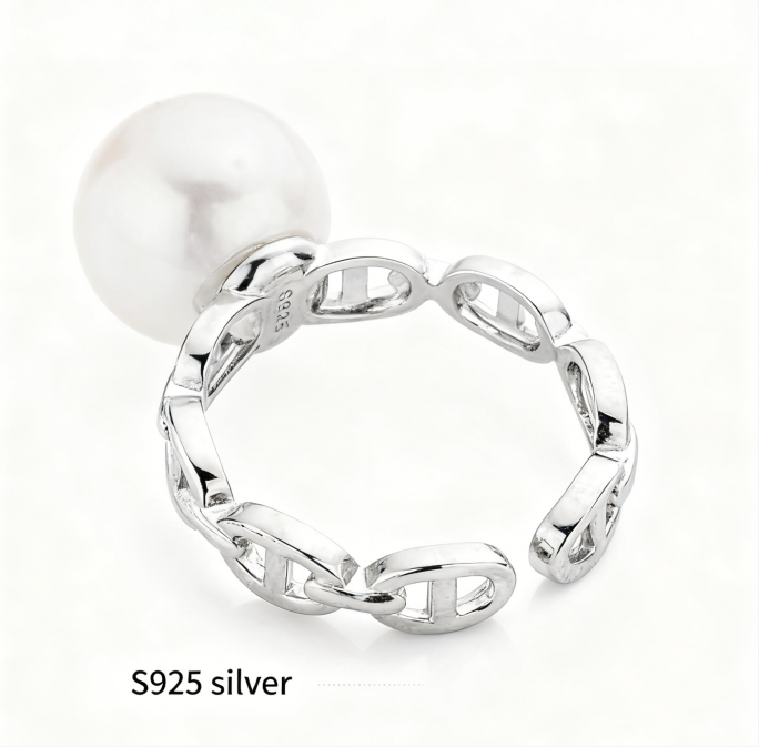 Chain anchor Chain Freshwater Pearl Ring Sterling Silver Open Band Ring 10-11mm