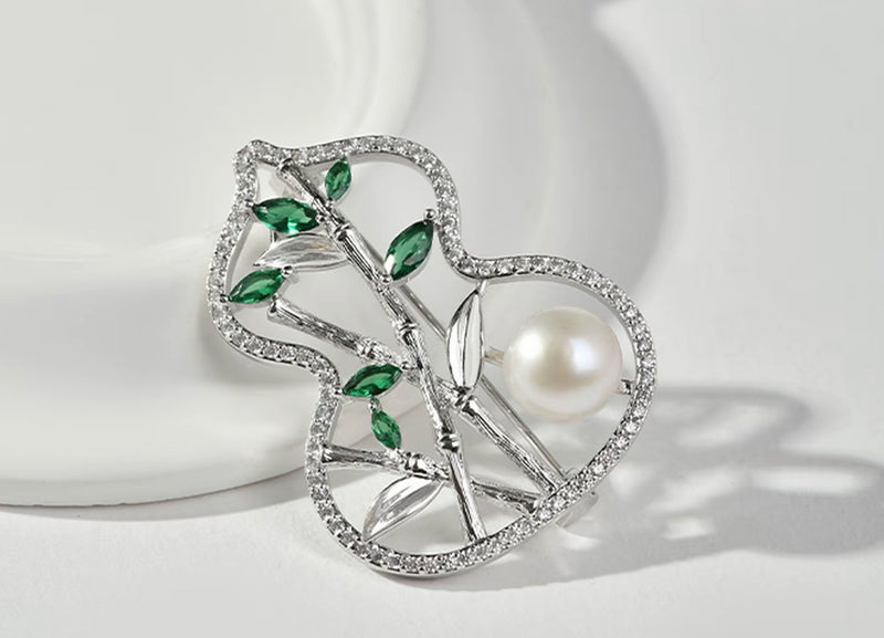 Bamboo Fortune Brooch Alloy Freshwater Pearl Brooch 9-10mm Buns-Shaped